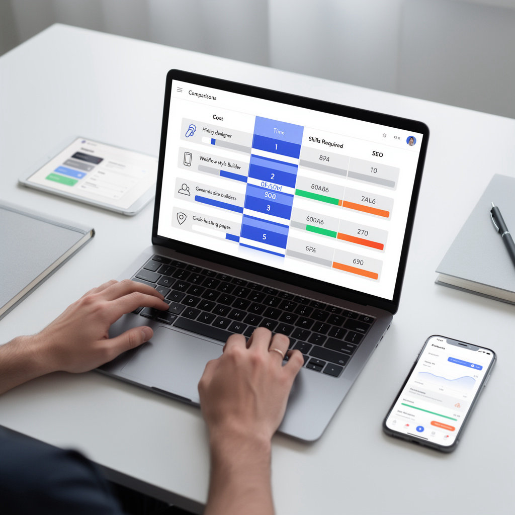 WebZum comparison chart showing advantages over Webflow, Wix, LinkedIn, GitHub Pages, and design agencies